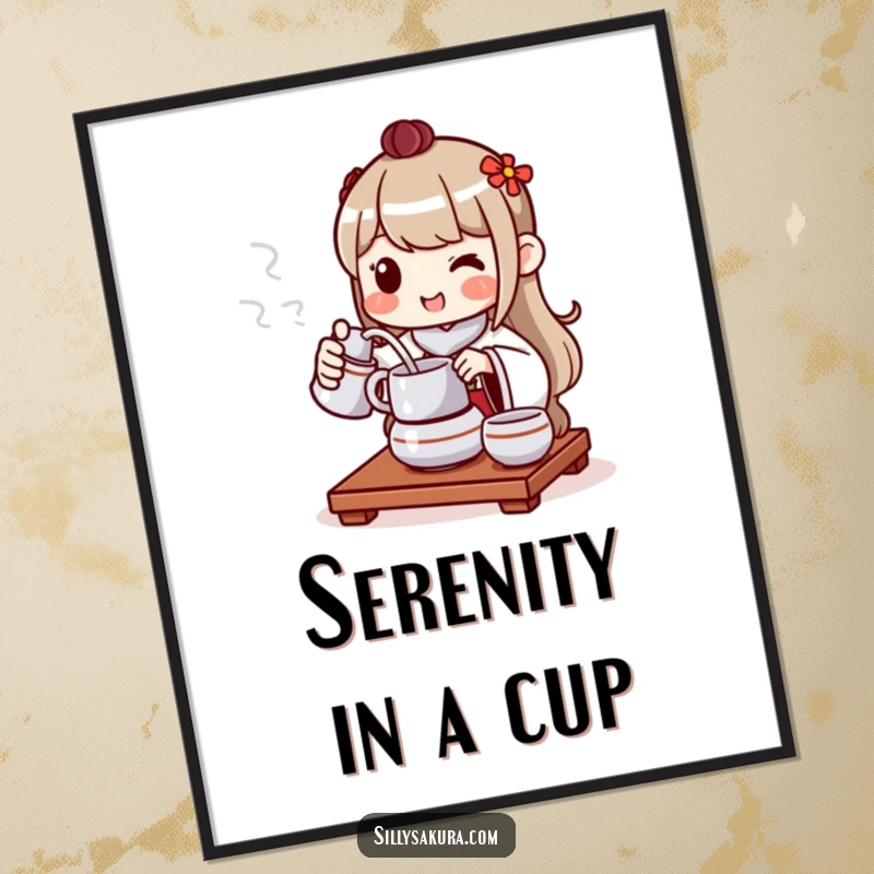 Funny poster featuring a cheerful character performing a tea ceremony, pouring tea with a serene and happy smile.