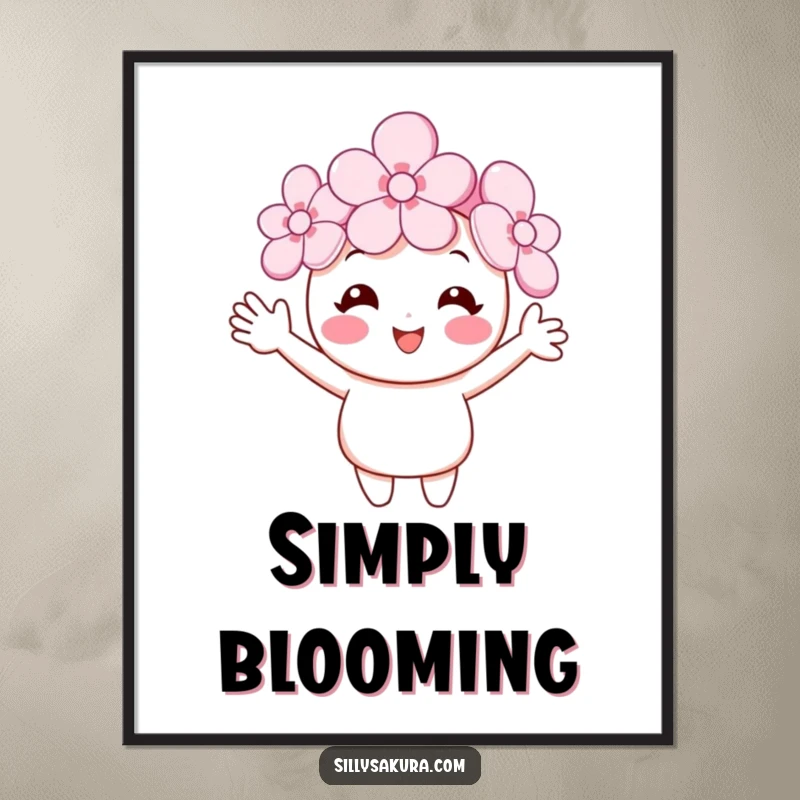 Funny cherry blossom poster of a smiling flower character with tiny arms waving, perfect for adding cheerful and whimsical spring decor to any wall.