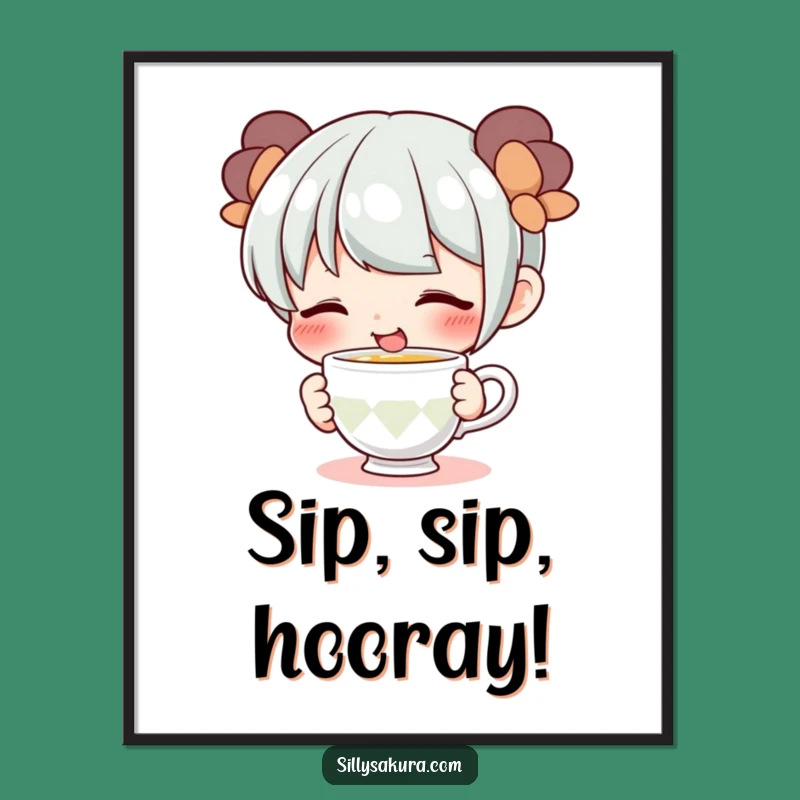 Funny Teacup Sipping Character Poster - Adorable Playful Wall Art Gift