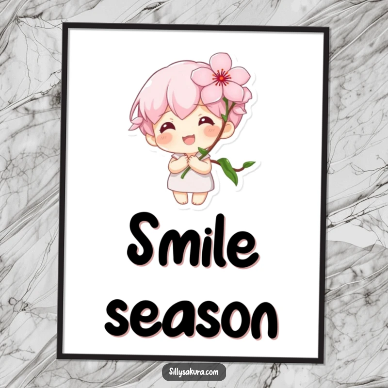 Funny Poster: A tiny character with a large smile holds a blooming cherry blossom, symbolizing new beginnings and joy.