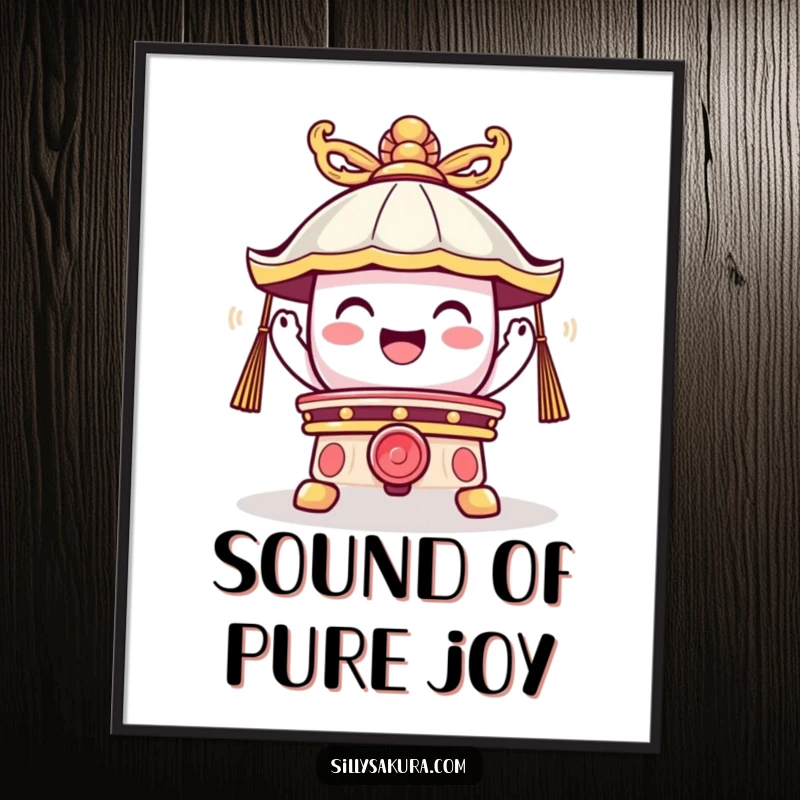 Funny poster print of a cute temple bell character ringing with a joyful vibration, bringing cheer and humor to wall decor.