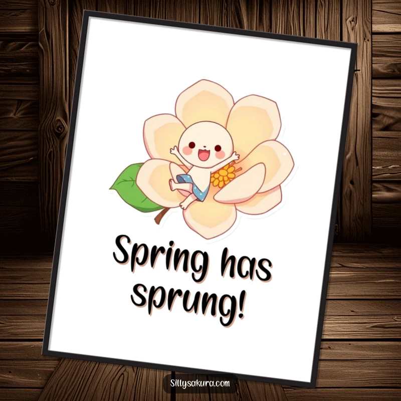 Funny kawaii character joyfully kicking a giant, stylized blossom, presented as a vibrant poster to inject happiness into any room.