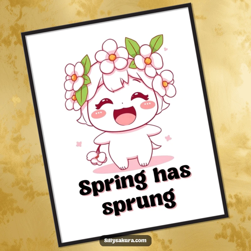 Funny poster featuring a stylized cherry blossom character with a wide, joyful smile, adding a splash of floral humor to decor.