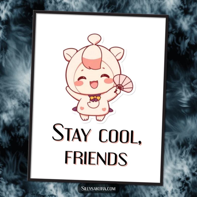 Funny poster showcasing a cute, smiling character happily waving a small fan to stay cool.