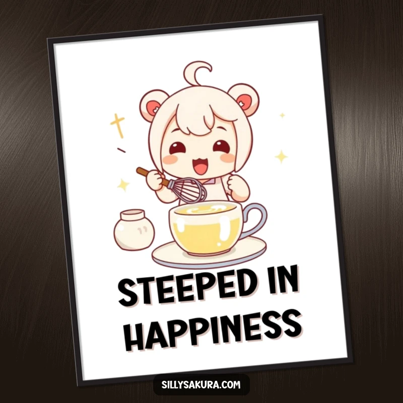 Funny Kawaii Tea Whisk Poster of a cute character joyfully whisking tea, capturing the art of preparation.