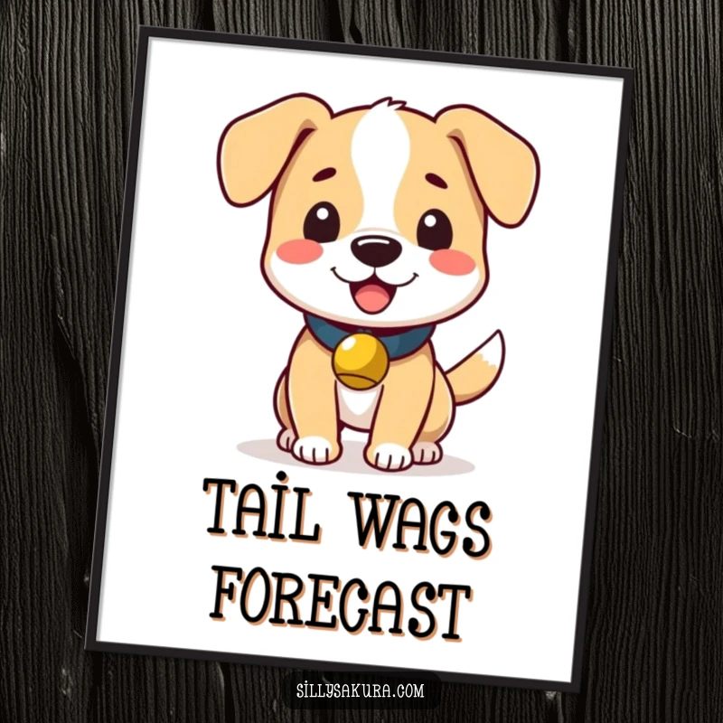 Funny poster of a cute dog wearing a small bell, captured mid-tail wag with extreme happiness and enthusiasm.