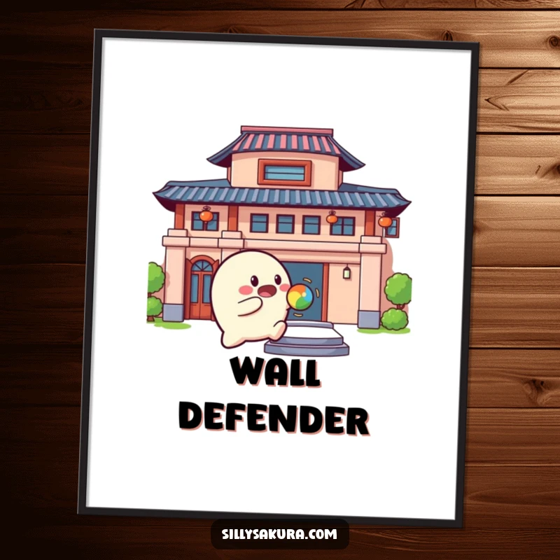 Funny Poster of a rounded character playfully bouncing a colorful ball against a building, depicting cheerful activity.