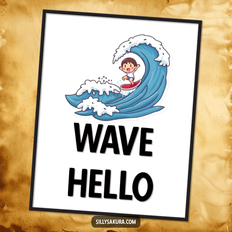 Funny poster depicting a character skillfully riding a stylized wave, celebrating the thrill of surfing and beach life with humor.