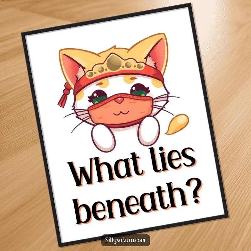 Funny poster depicting a happy cat in a traditional mask, playfully peeking out with an expression of sly curiosity.