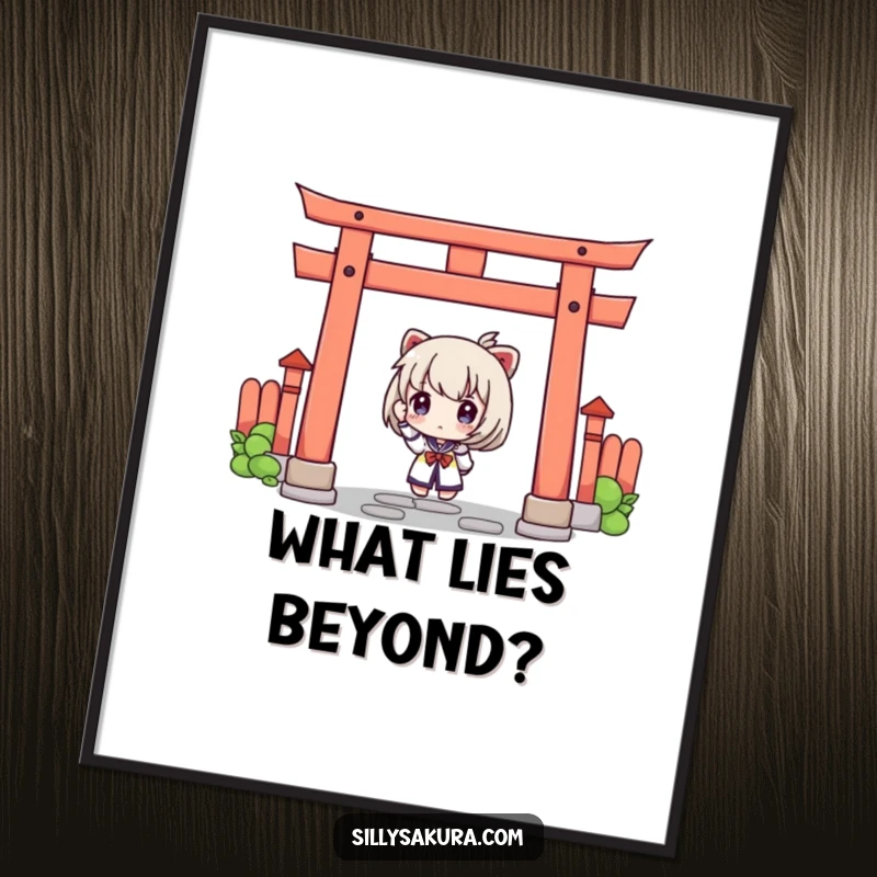 Funny poster art of a curious character peeking from behind a traditional torii gate, creating an atmosphere of playful mystery.