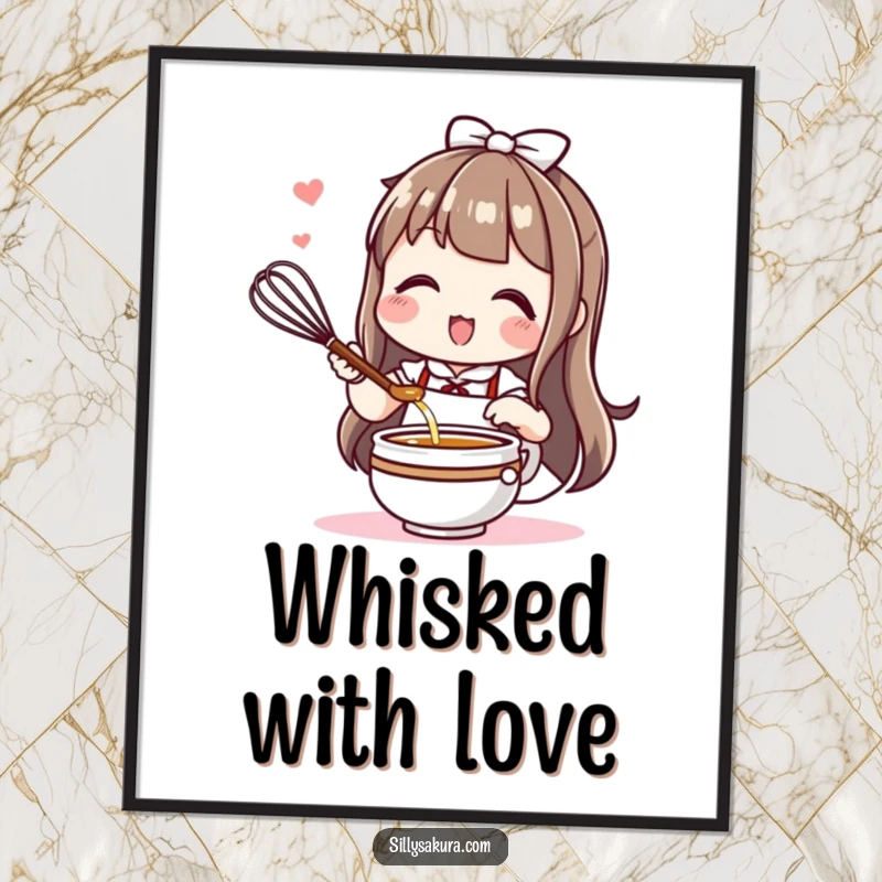 Funny Kawaii poster depicting a cute character enthusiastically whisking tea, adding a touch of cheerful beverage art.