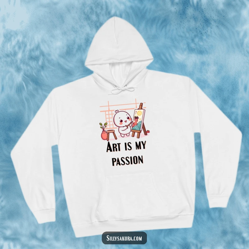 Funny Kawaii Artist Hoodie showcasing a small, round character engrossed in painting a traditional piece of art.
