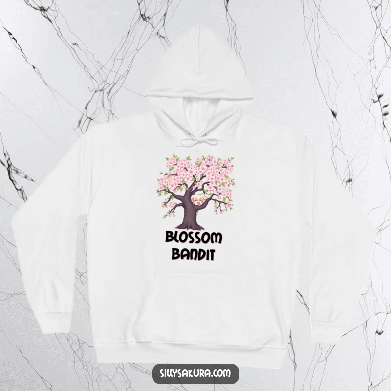 Funny Character Hoodie: A mischievous character peeks from behind cherry blossoms, offering cozy fun and playful spring vibes.