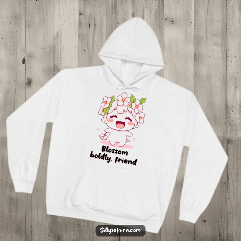 Funny hoodie featuring a happy cherry blossom character with a wide, inviting smile, offering cozy comfort and botanical humor.