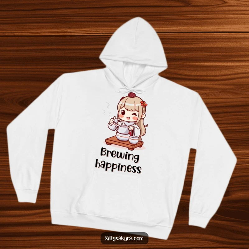 Funny hoodie featuring a cheerful character engaged in a tea ceremony, pouring tea with a warm, inviting smile.