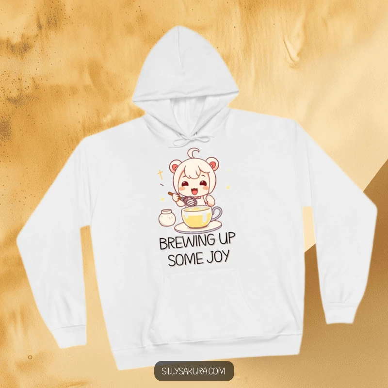 Funny Kawaii Tea Whisk Hoodie showing a cute character enthusiastically preparing tea with a whisk, radiating warmth.
