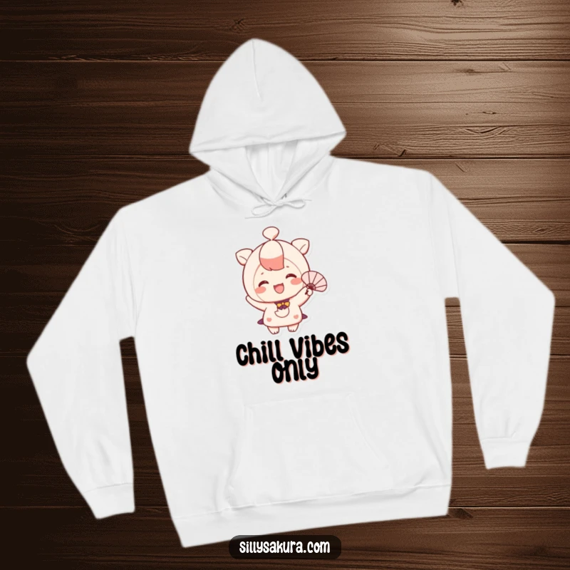 Funny hoodie showing a cute character with a bright smile happily using a small fan.