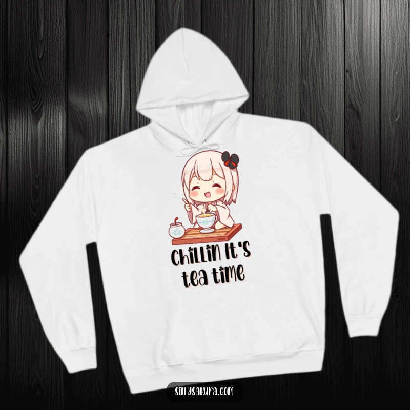 Funny Kawaii Hoodie. A cute character performs a delightful tea ceremony gesture, radiating warmth and cuteness for cozy days.