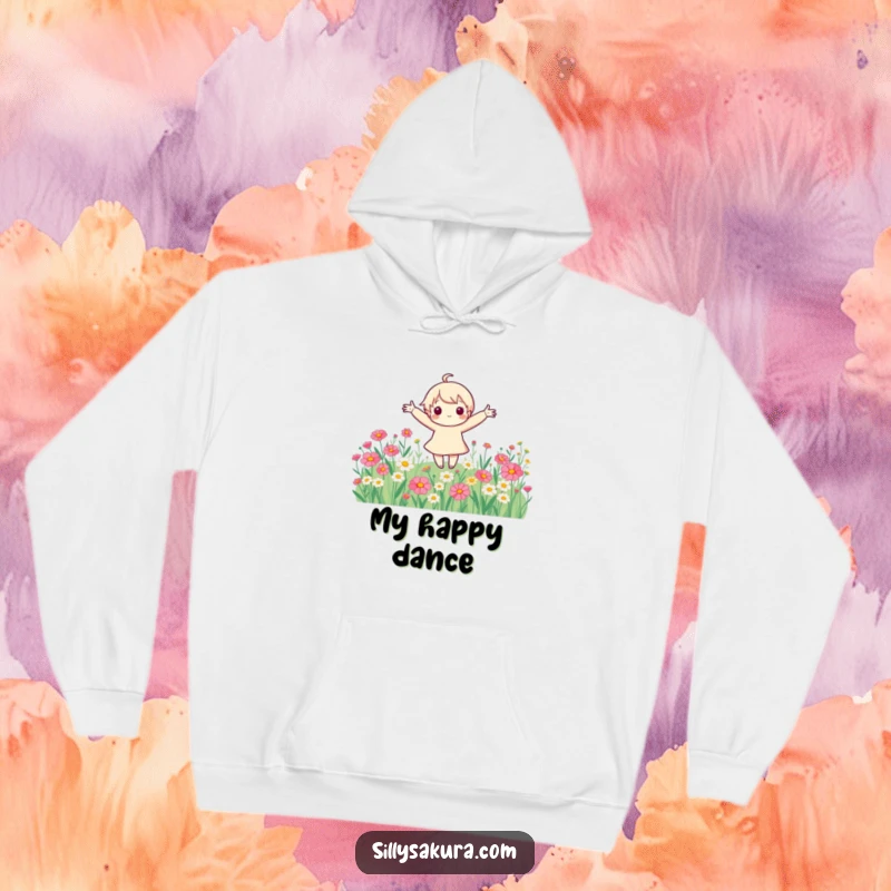 Funny cute character with arms spread wide, spinning freely in a vibrant field of flowers, featured on a soft and warm hoodie.