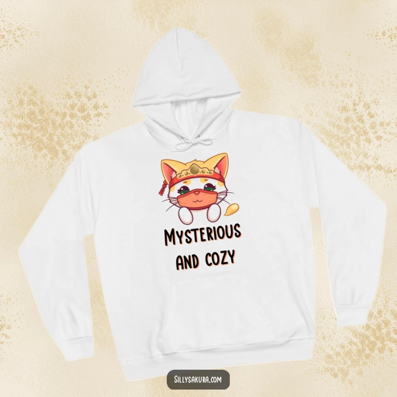 Funny hoodie featuring a happy cat adorned with a traditional mask, playfully peeking out with an air of mystery.