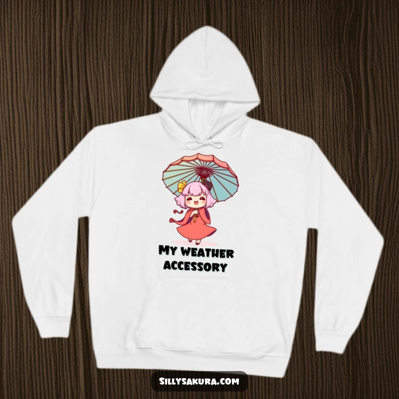 Funny Kawaii hoodie showcasing a character joyfully spinning a large, decorative umbrella, perfect for spreading smiles and warmth.