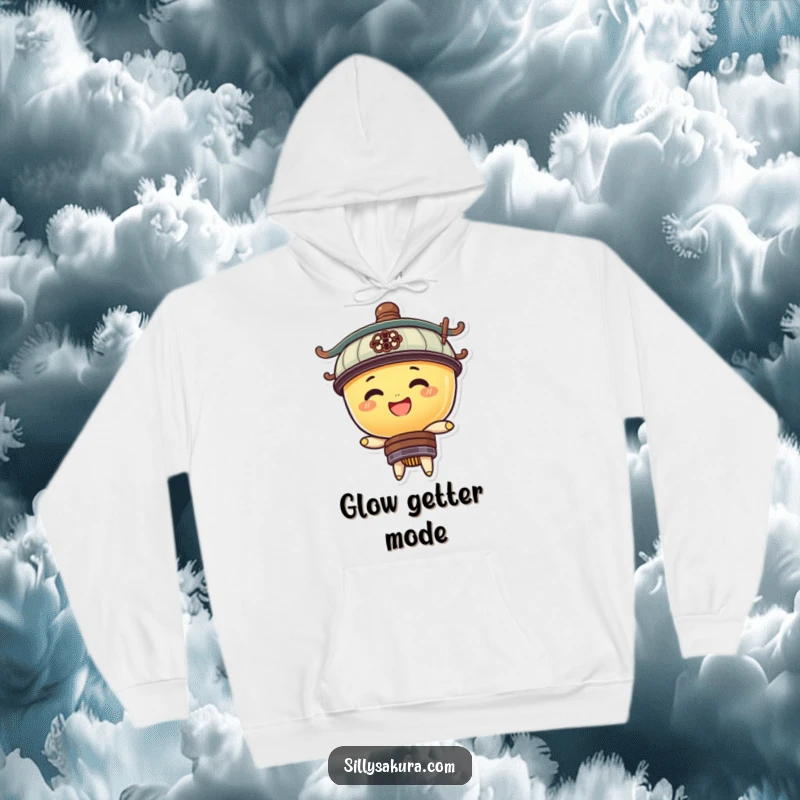 Funny hoodie featuring a happy lantern character cheerfully bobbing up and down, radiating warmth and playful energy.