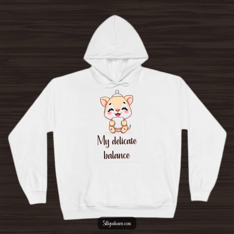 Funny smiling character balancing a teacup on its nose, featured on a soft and warm hoodie, perfect for cozy contemplation.