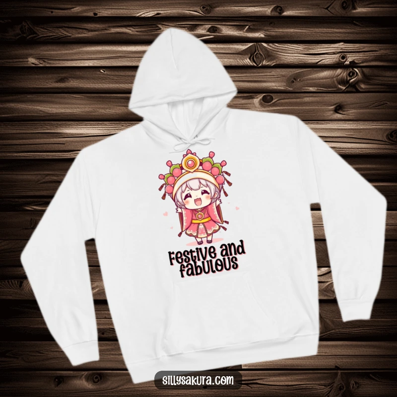 Funny Kawaii hoodie featuring an excited character in elaborate festival attire, offering cozy warmth and festive cheer.
