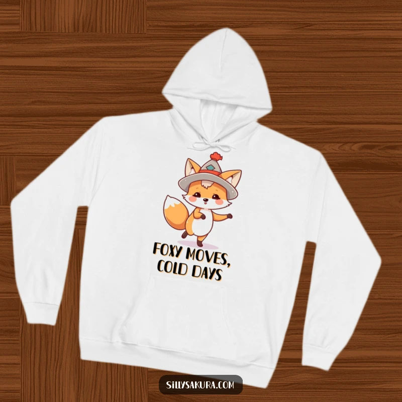 Funny hoodie featuring a happy fox in a tiny hat, caught mid-dance with infectious enthusiasm and playful energy.