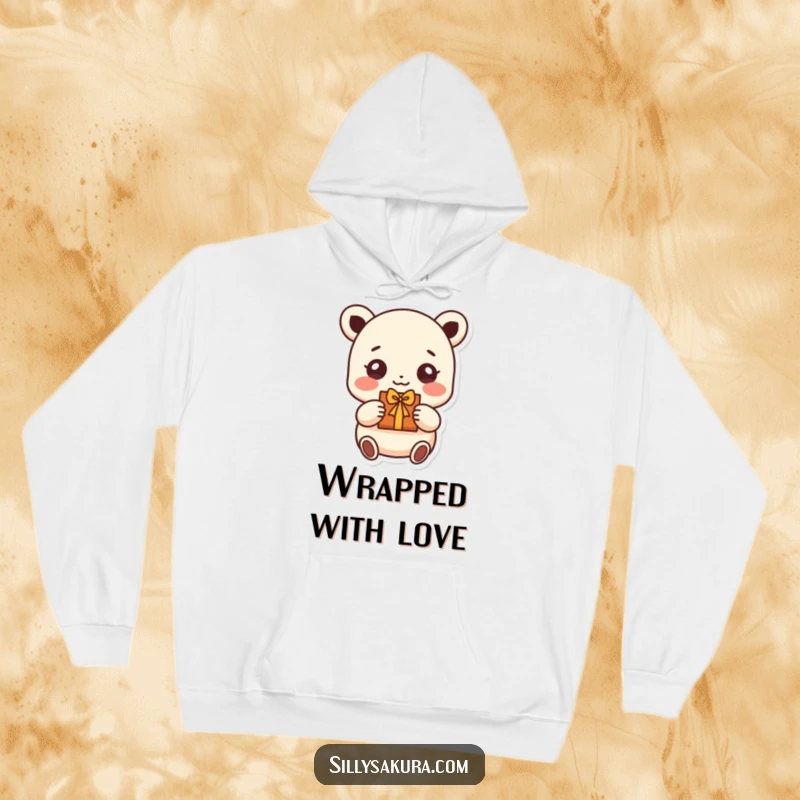 Funny hoodie featuring a small, beaming character with sparkling eyes, offering a small, handmade gift with immense joy.