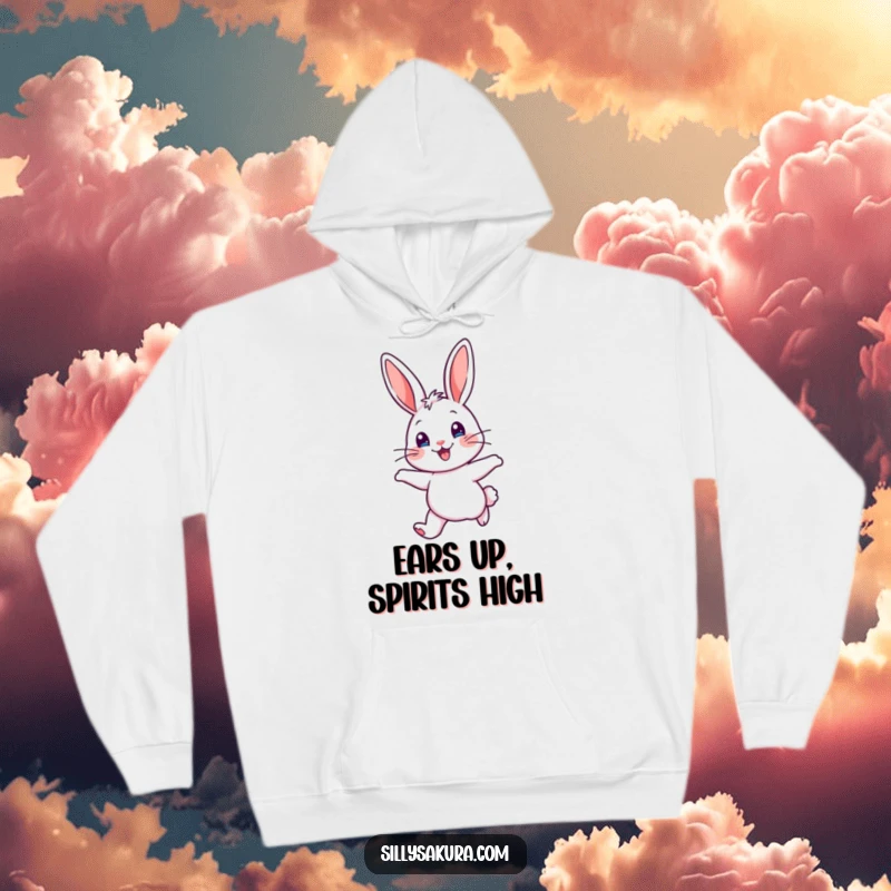 Funny Hoodie displaying a cheerful rabbit character, alert ears perked, joyfully hopping with a delightful expression, perfect for lounging.