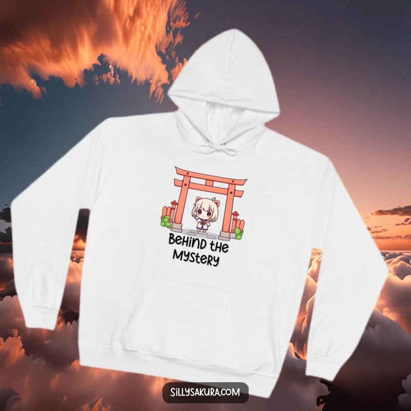 Funny hoodie featuring a curious character peeking from behind a Japanese torii gate, offering comfort and a touch of mystery.