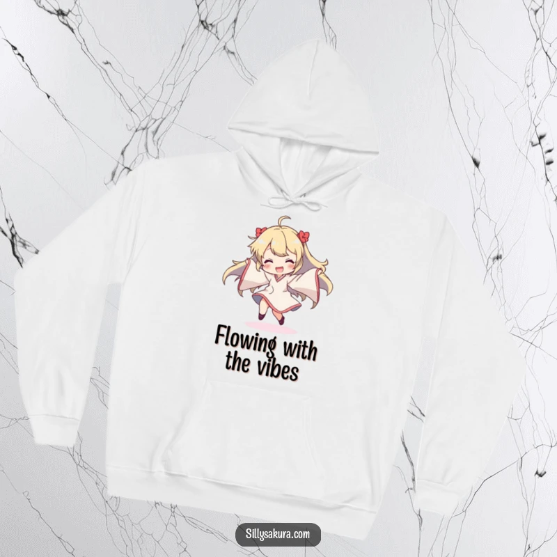 Funny hoodie depicting a character mid-dance, sleeves creating a dynamic, flowing spectacle, radiating pure, unbridled happiness.