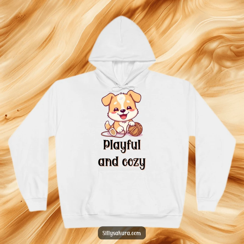 Funny Hoodie showcasing a cute dog character with a joyful expression, actively playing with a ball of yarn, cozy and fun.