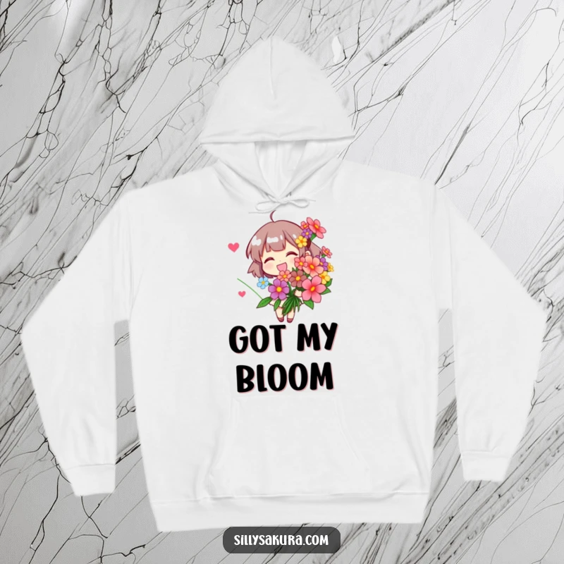 Funny Hoodie: A joyful character holding a vibrant bouquet of stylized flowers, perfect for cozy, floral-themed comfort.