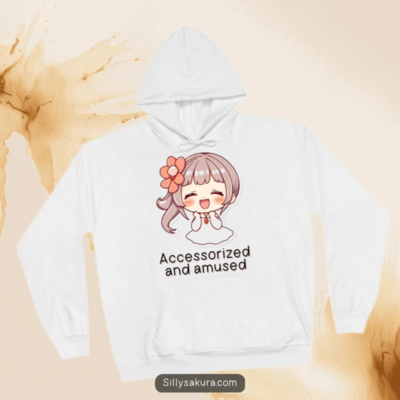 Funny hoodie: a character giggles while wearing a large, decorative hairpin, offering warmth and humorous charm.