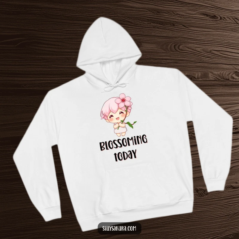 Funny Hoodie: A tiny character with a large smile holds a blooming cherry blossom, bringing spring's beauty and humor.