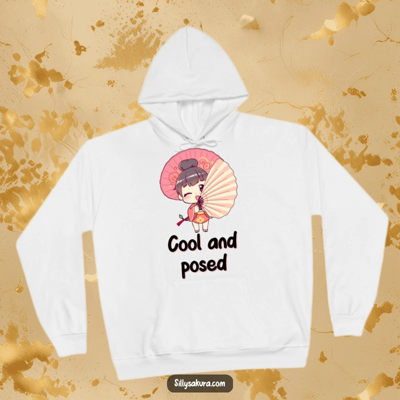 Funny Hoodie: A character comically tries to pose with a large decorative fan, offering a humorous and relatable visual.