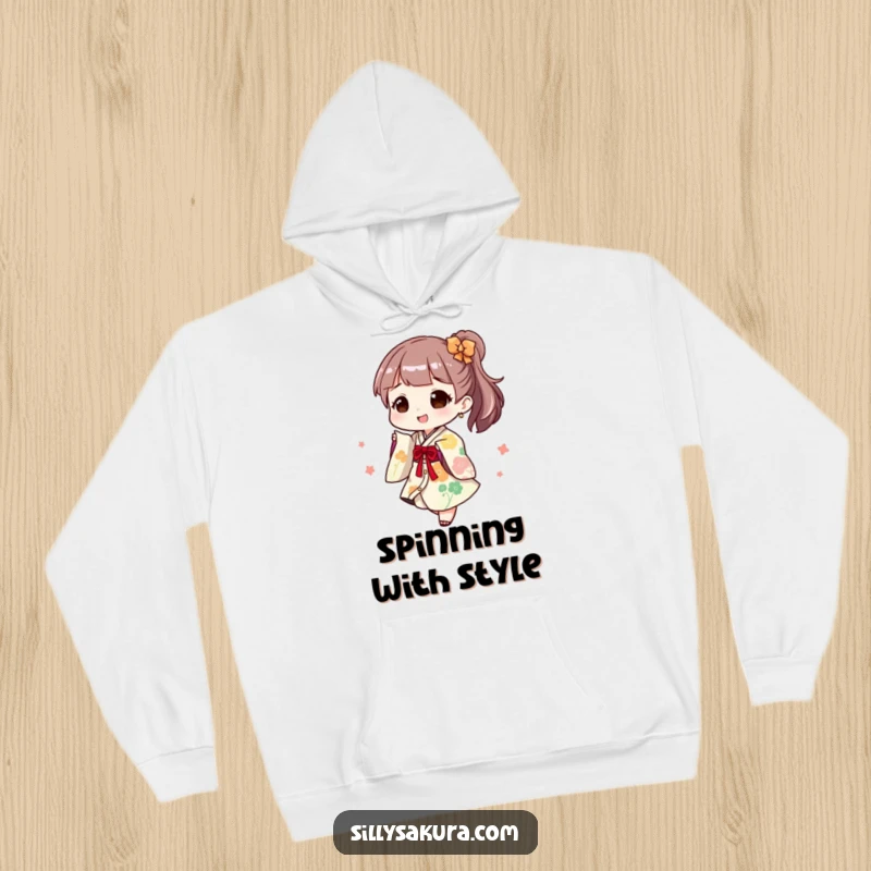 Funny Hoodie: A character joyfully twirls in a playful kimono, radiating festive energy and fun.