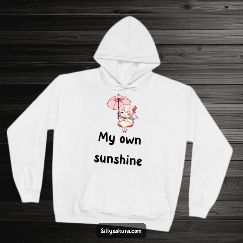 Funny hoodie featuring a small character elegantly twirling with a parasol, a wide grin conveying playful joy.
