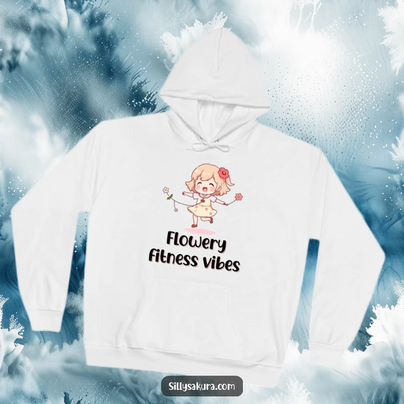 Funny skipping character hoodie, a happy figure energetically skipping a rope woven with colorful flowers, offering warmth and cheer.