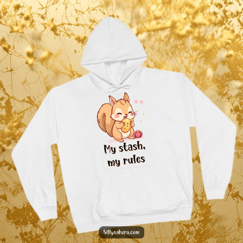 Funny Squirrel Hoodie: A tiny squirrel character excitedly hiding a festival treat, offering warmth and playful, secretive charm.