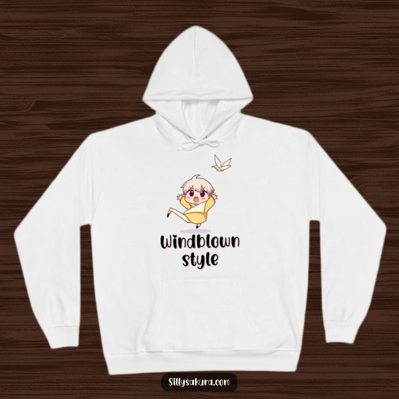 Funny Character Hoodie: A surprised character leaps back from a happy wind gust, offering cozy comfort with a touch of amusing shock.