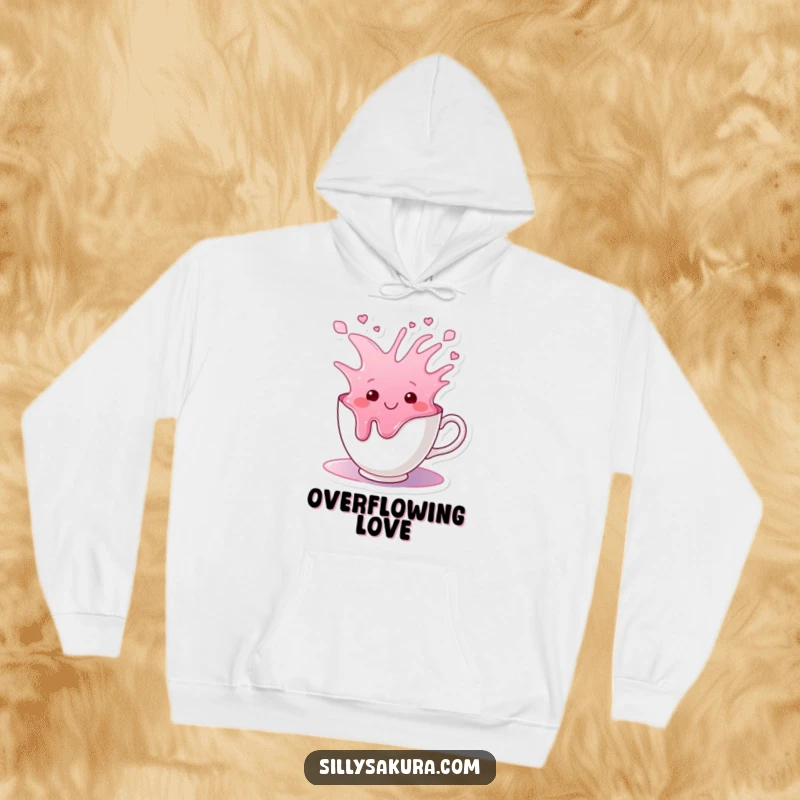 Funny hoodie with a smiling teacup character happily overflowing with colorful liquid, perfect for cozy, cheerful days.