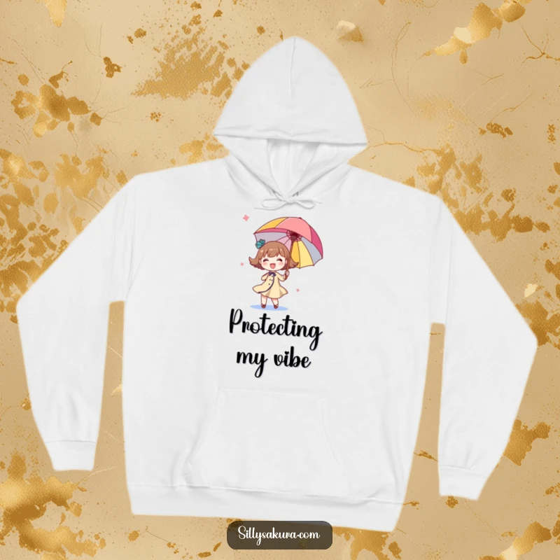 Funny twirling character hoodie, a cute, happy figure in motion, enthusiastically twirling a large, vibrant parasol for cozy style.