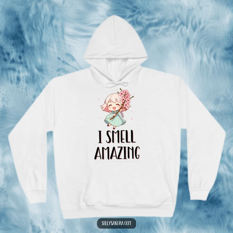 Funny hoodie of a joyful character spinning gracefully with a bouquet of exquisite pink blossoms, offering cozy comfort and a delightful, humorous aesthetic.