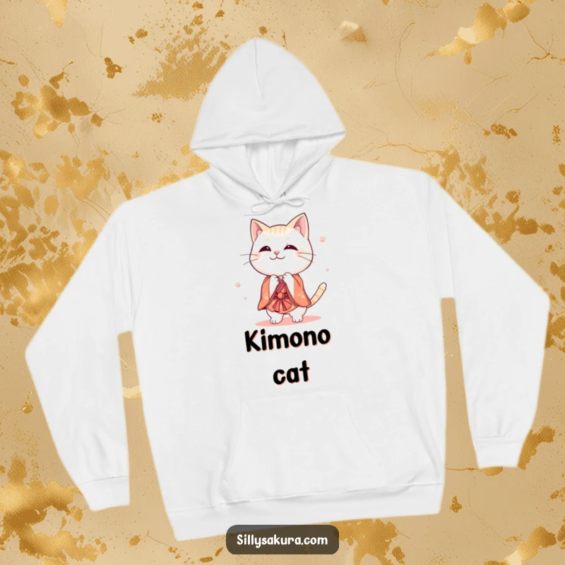 Funny cat hoodie featuring a cute character in a tiny kimono bowing playfully, providing warmth and a humorous touch for feline fans.