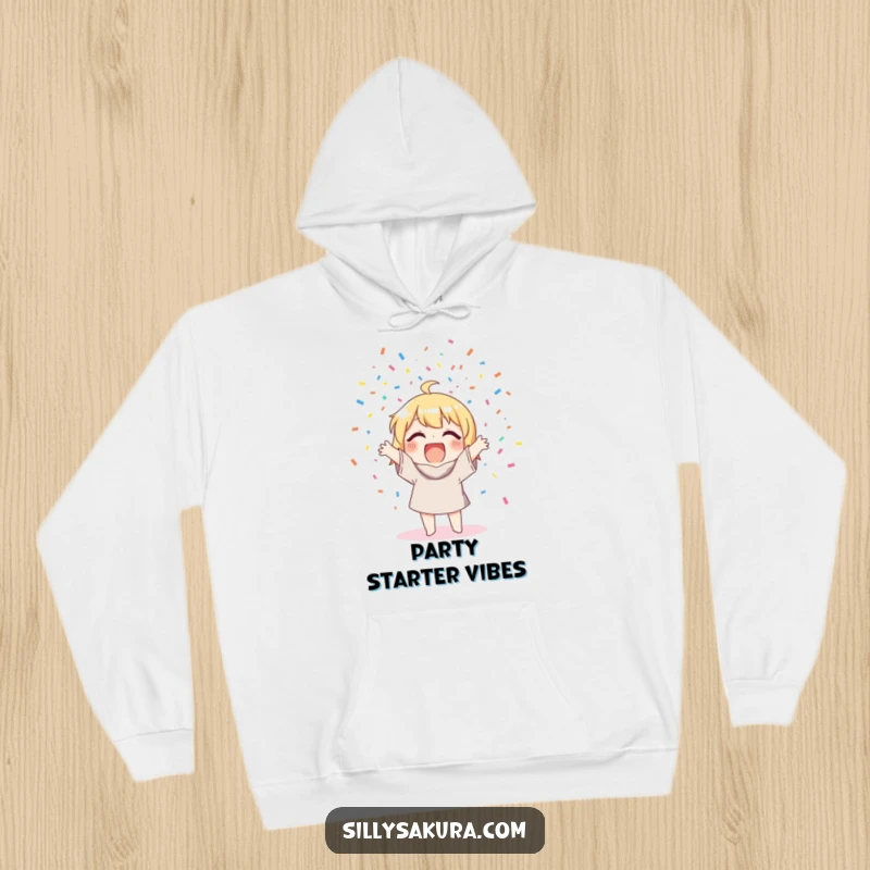 Funny Hoodie: A happy character tossing a vibrant explosion of confetti, perfect for cozy, celebratory moments.