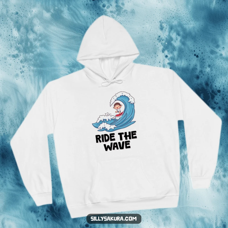 Funny hoodie featuring a character confidently riding a stylized wave, exuding beach vibes and adventurous spirit.