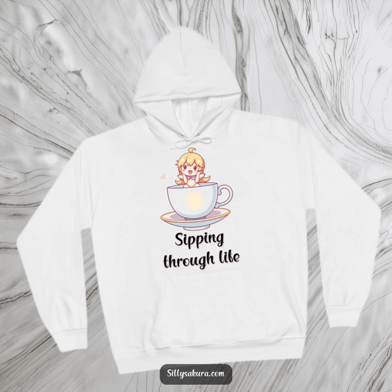 Funny Hoodie featuring a character happily riding a floating teacup, offering warmth and a touch of fantasy, a perfect cozy funny gift.